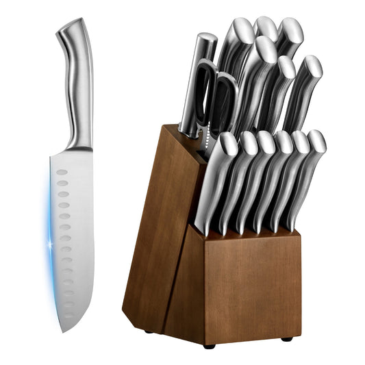 KFFKFF 15-Piece Kitchen Knife Set with Wooden Block and Sharpener, High Carbon Stainless Steel Blades, Ergonomic Handles, Includes Sharpening Rod and Storage Block, Ideal for Home Cooking