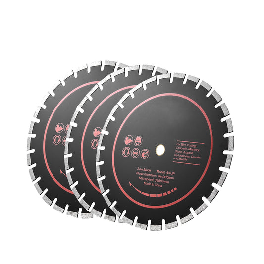 KFFKFF 16-Inch Diamond Blade Set, 3-Pack, 1-Inch Arbor, Durable Diamond Segments, 65Mn Steel Core, Suitable for Dry and Wet Cutting, Smooth Cuts on Concrete, Masonry, Brick, Stone, and Granite