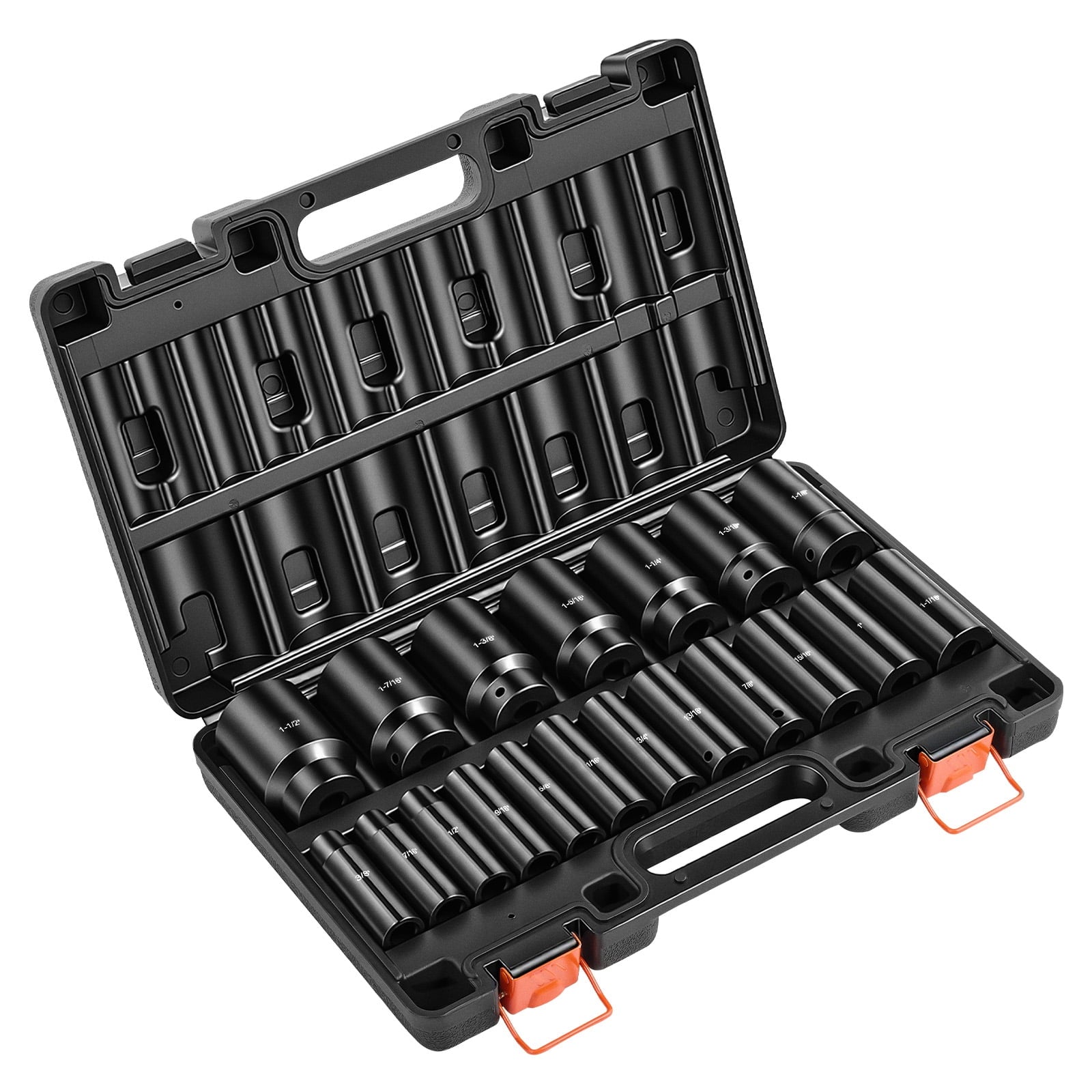 KFFKFF 19-Piece 1/2" Drive Impact Socket Set, Deep 6-Point Sockets, Sizes 3/8" to 1-1/2", Durable Cr-V Build, Clearly Marked, Includes Sturdy Storage Case for Automotive Use