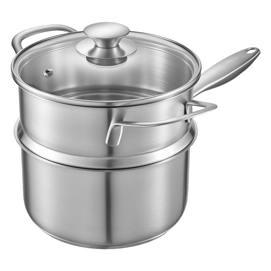 KFFKFF 2.5 QT Stainless Steel Saucepan with Steamer, Multipurpose Sauce Pot with Glass Lid, Nonstick Design and Ergonomic Handle, Compatible with Oven, Dishwasher, and Induction Cooktops