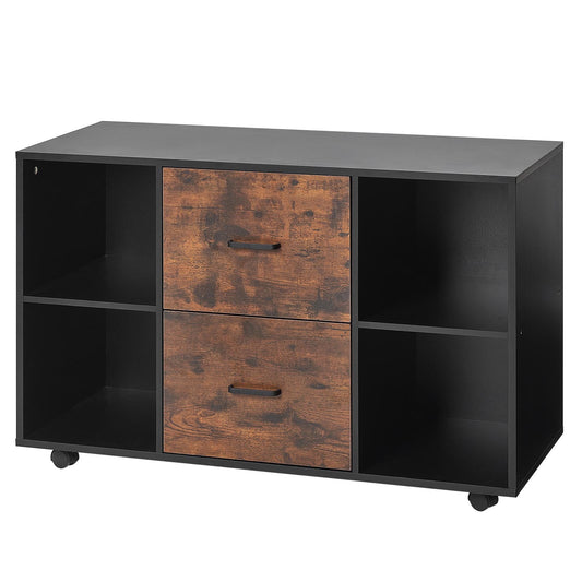 KFFKFF 2-Drawer Wooden File Cabinet with Open Shelves, Mobile Filing Unit with Lockable Wheels, Modern Rolling Printer Stand for Home, Office, or School, Black