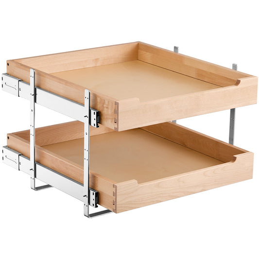KFFKFF 2-Tier Pull-Out Cabinet Organizer, 20"W x 21"D Sliding Drawer, Soft-Close Shelf, Durable Wooden Design, Adjustable Base for Kitchen, Pantry, or Bathroom Storage