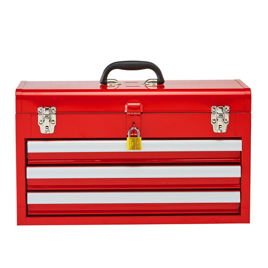 KFFKFF 20.5-Inch Portable Metal Tool Box with 3 Drawers, Small Tool Chest Featuring EVA Liners, Ball-Bearing Slides, Lockable Design, and Powder-Coated Finish, Red Multi-Purpose Organizer
