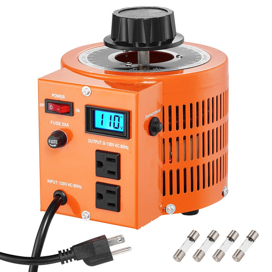 KFFKFF 2000VA Automatic Voltage Transformer, 20 Amp, Input of 110V and Output of 0-130V AC Voltage Controller, with LCD Screen, 4 Additional Fuses and Thermal Control Switch for Domestic