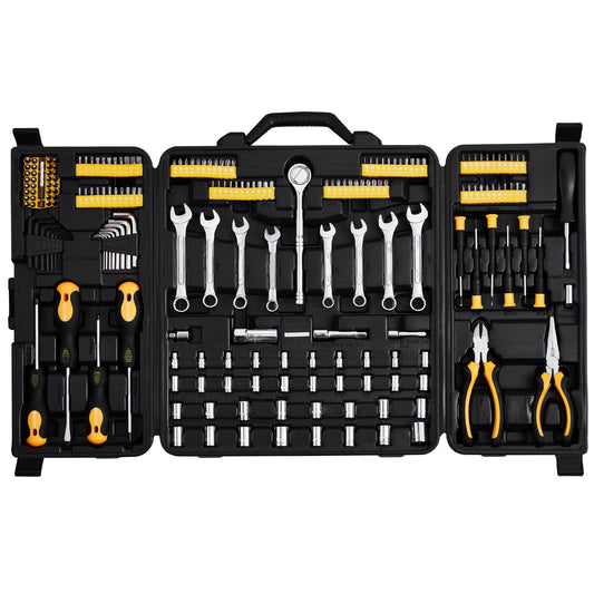 KFFKFF 221-Piece Mechanics Tool Set with SAE and Metric Sockets, Bits, Wrenches, Ratchet Handle, Accessories, and Durable Plastic Storage Case for Automotive Maintenance