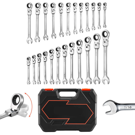 KFFKFF 24-Piece Flex-Head Ratcheting Wrench Set, SAE and Metric Sizes, 72-Tooth Cr-V Steel Ratchet with Flexible Combination Design, Includes Storage Case, Ideal for Household and Automotive Repairs