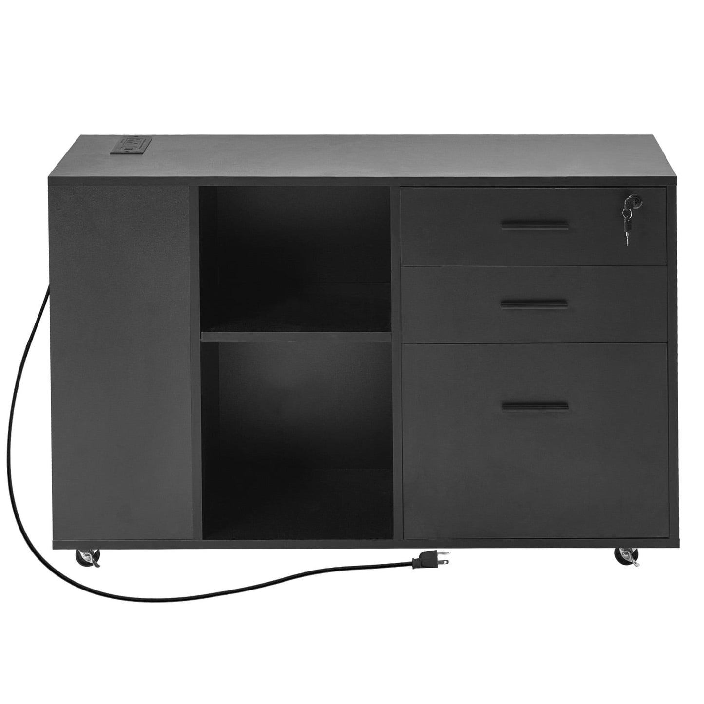 KFFKFF 3-Drawer Wooden File Cabinet with Power Strip, Lockable Rolling Storage Unit with Adjustable Shelves & 5 Wheels, Mobile Printer Stand for Home Office or School, Black