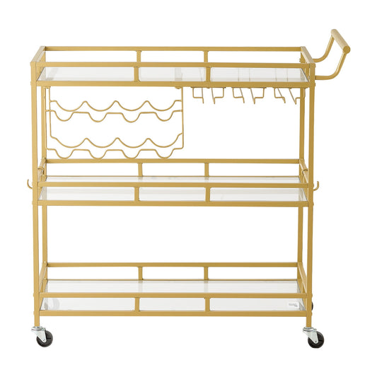 KFFKFF 3-Tier Bar Cart with Wheels, Modern Rolling Utility Cart for Kitchen and Home, Tempered Glass Shelves, Wine Rack, Glass Holder, Ideal for Living and Dining Spaces, Gold