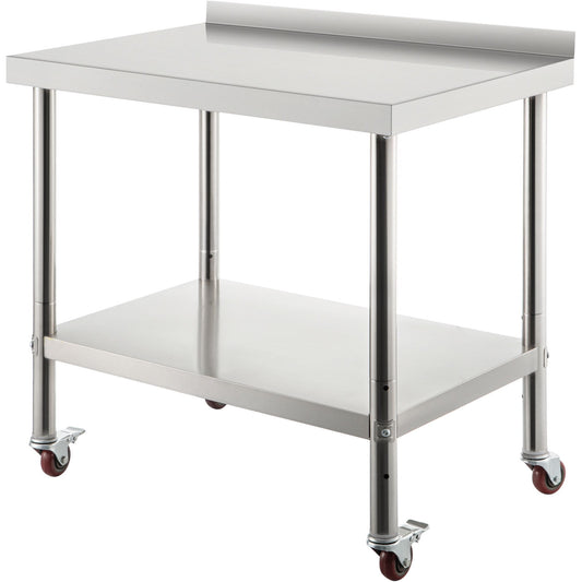 KFFKFF Backsplash Adjustable Undershelf & 4 Casters Commercial Work Table VV-SSWT-BJL-2430 30" x 24" x 35" / Stainless Steel