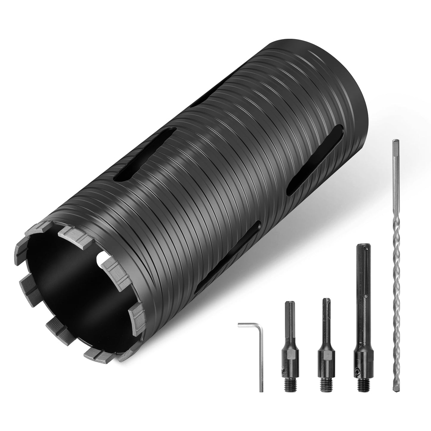 KFFKFF 4-inch Diamond Core Drill Bit, 9.5-inch Depth, 5/8-11 Thread, Includes 3 Adapters, Pilot Drill, and Hex Wrench, Suitable for Concrete, Red Bricks, and Masonry