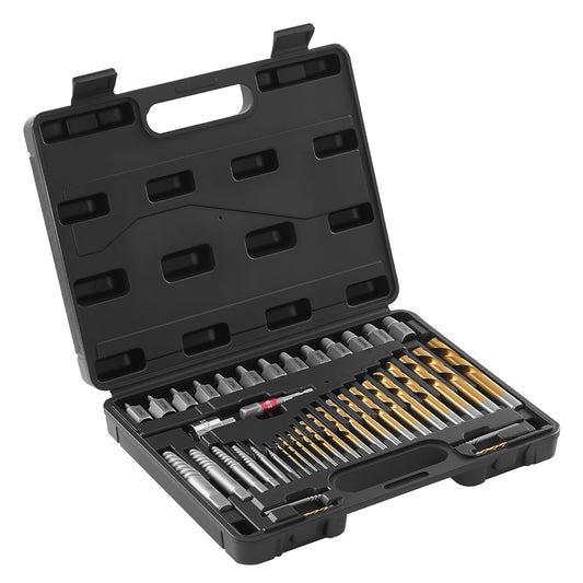 KFFKFF 41-Piece Screw Extractor Set with Drill Bits, Includes Bolt Extractors, Drill Bits, Adapters, Durable Storage Case, Cr-Mo Steel for Removing Damaged, Rounded, or Stripped Bolts and Screws
