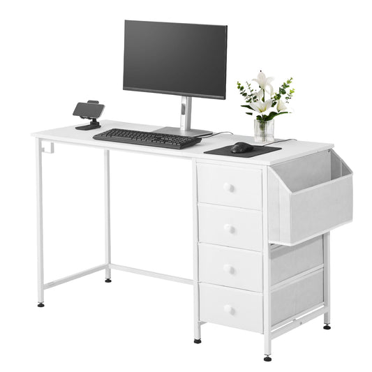 KFFKFF 47" Computer Desk with 4 Drawers, Modern Study and Work Table for Home Office or Bedroom, Simple PC Desk with Metal Frame, White