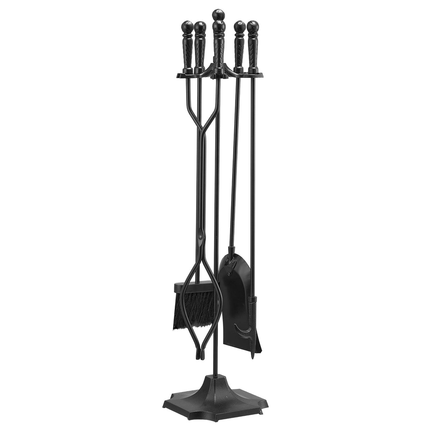 KFFKFF 5-Piece Fireplace Tool Set with Stand â€“ Includes Tongs, Ash Shovel, Brush, Poker, and Holder â€“ Durable Wrought Iron Accessories for Indoor and Outdoor Use, Black