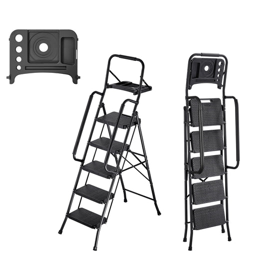 KFFKFF 5-Step Folding Ladder with Wide Non-Slip Pedals, Tool Tray, Dual Handrails, Capacity, Portable Steel Ladder for Kitchen, Home, and Office Use, Black