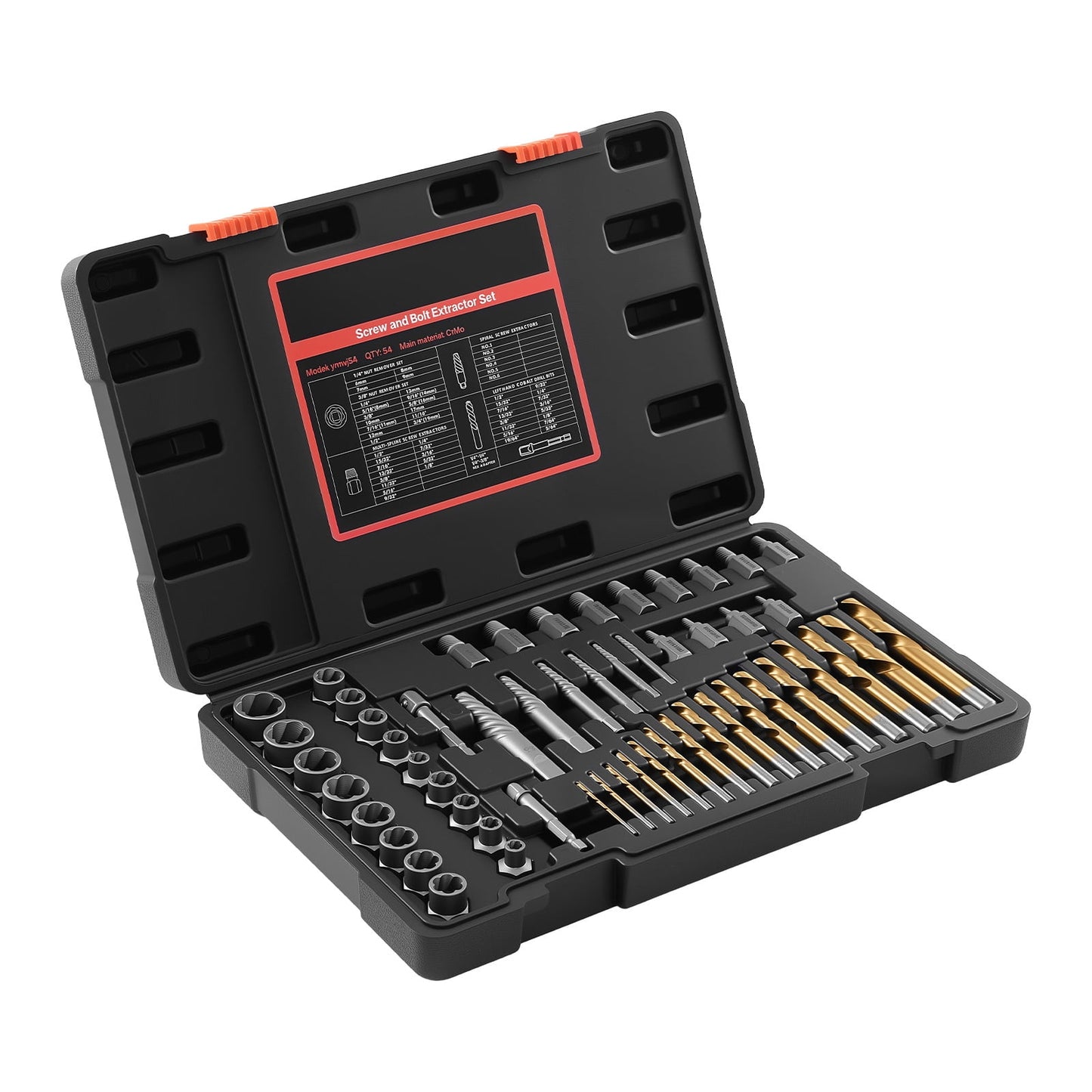 KFFKFF 54-Piece Screw Extractor Set with Drill Bits, Includes Nut Bolt Extractors, Adapters, and Storage Case, Made of Cr-Mo Steel for Removing Damaged, Rounded, or Stripped Fasteners