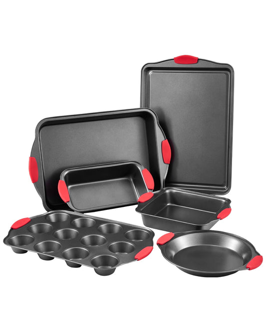 KFFKFF 6-Piece Nonstick Carbon Steel Baking Pan Set, Includes Cookware Sheets & Trays with Silicone Handles, Stackable Design for Easy Storage, Ideal for Baking Cookies, Cakes, Muffins, and Bread