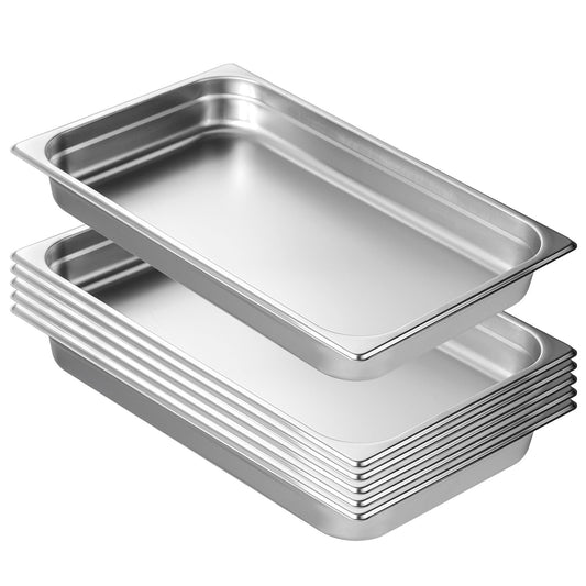 KFFKFF 6 Set Full-Size Steam Pans, Anti-Jam, 0.8mm Durable Stainless Steel, 2.5" Depth, for Commercial Kitchen & Scientific Use, Ideal for Buffet & Catering