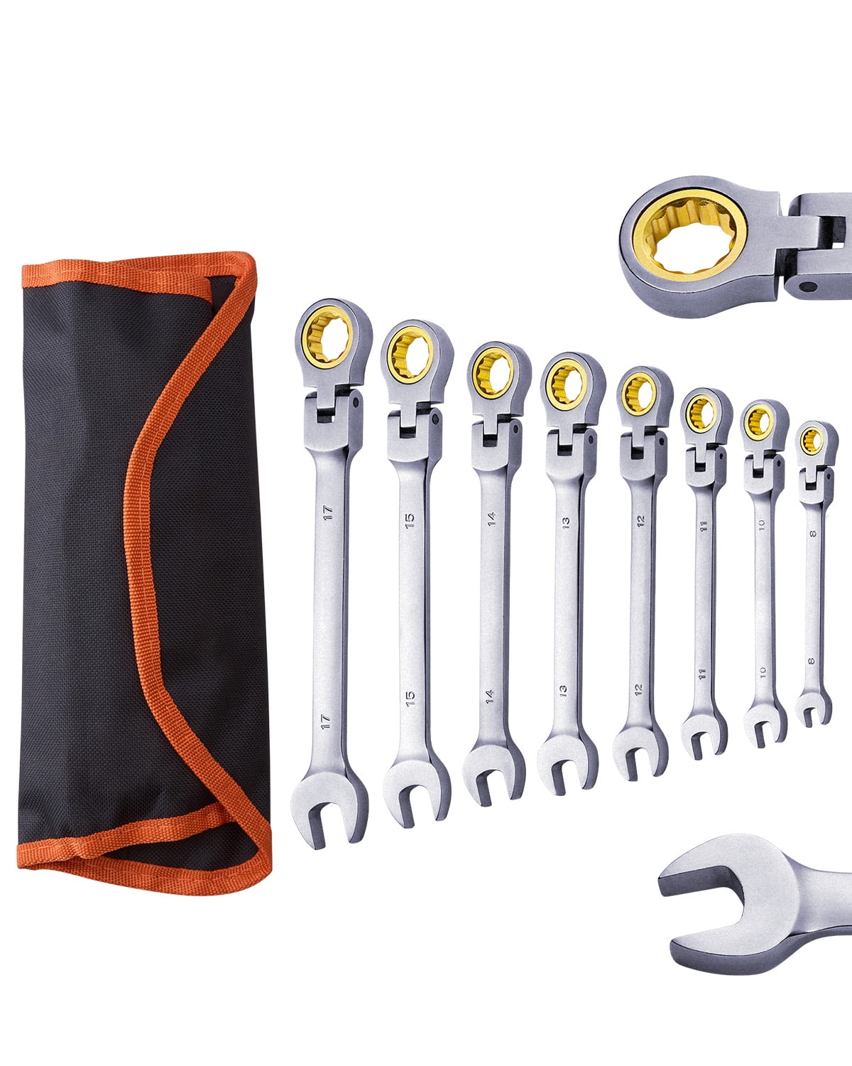 KFFKFF 8-Piece Flex-Head Ratcheting Wrench Set with Roll-Up Pouch, Cr-V Steel Combination Wrenches, Metric Sizes 8 mm to 17 mm, Suitable for Household and Automotive Repairs