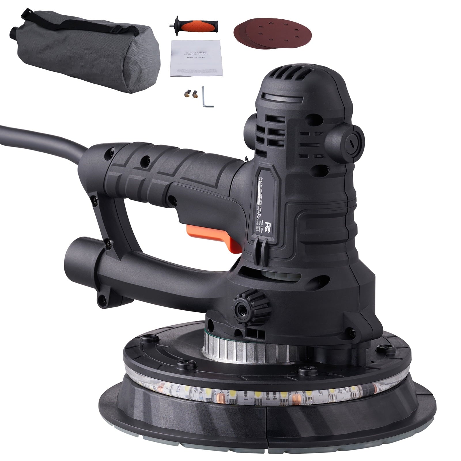 KFFKFF 800W Electric Drywall Sander with 12 Sanding Discs, Adjustable Speed 1200-2300 RPM, Built-in Dust Collection System, Dual LED Lights, Dust Bag, and Removable Edge Design