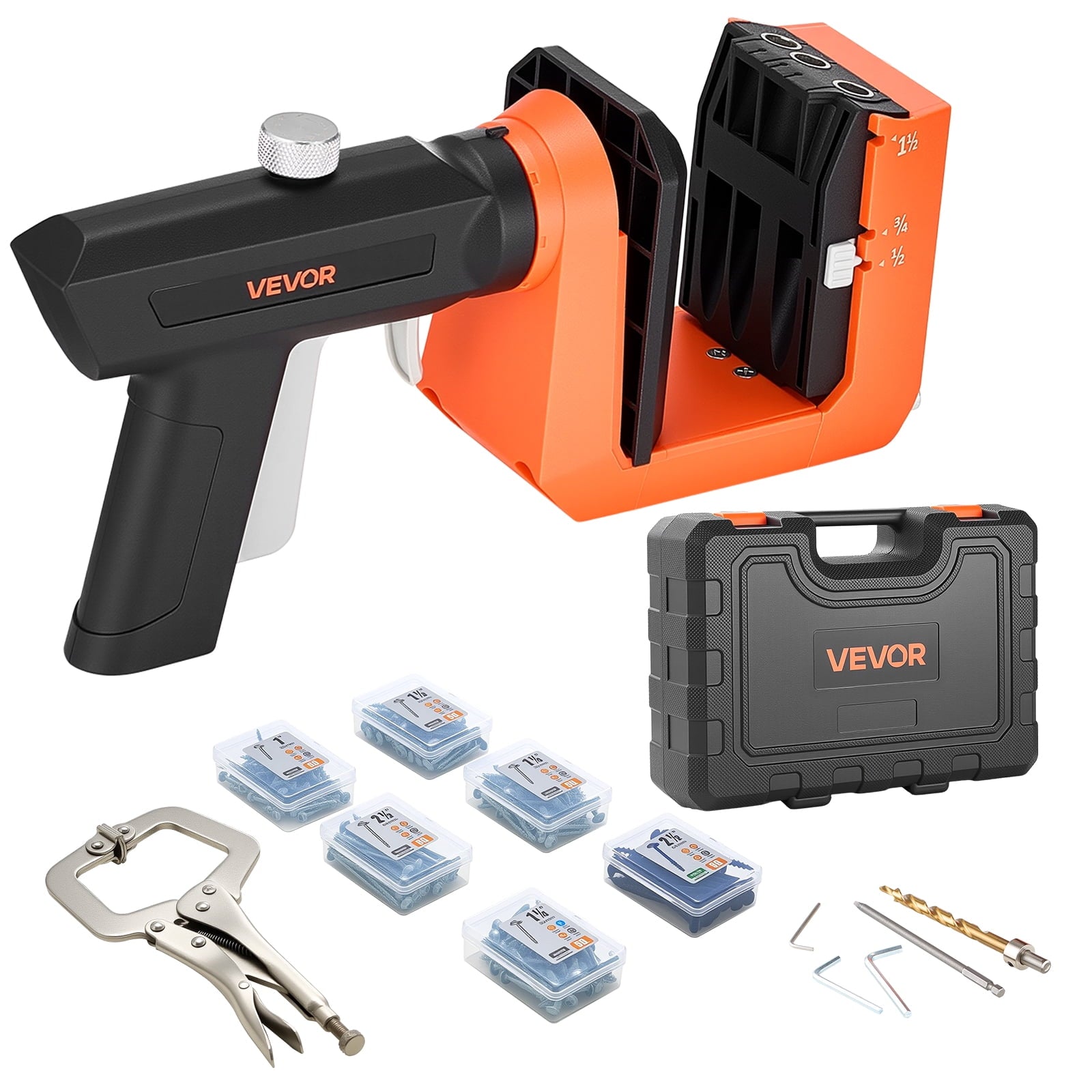 KFFKFF Adjustable Pocket Hole Jig Kit, Compatible with 1/2", 3/4", and 1-1/2" Materials, 360Â° Rotating Handle, Includes 260 Screws, C-Clamp, Stop Collar, Drill Bit, Designed for Efficient Woodworking