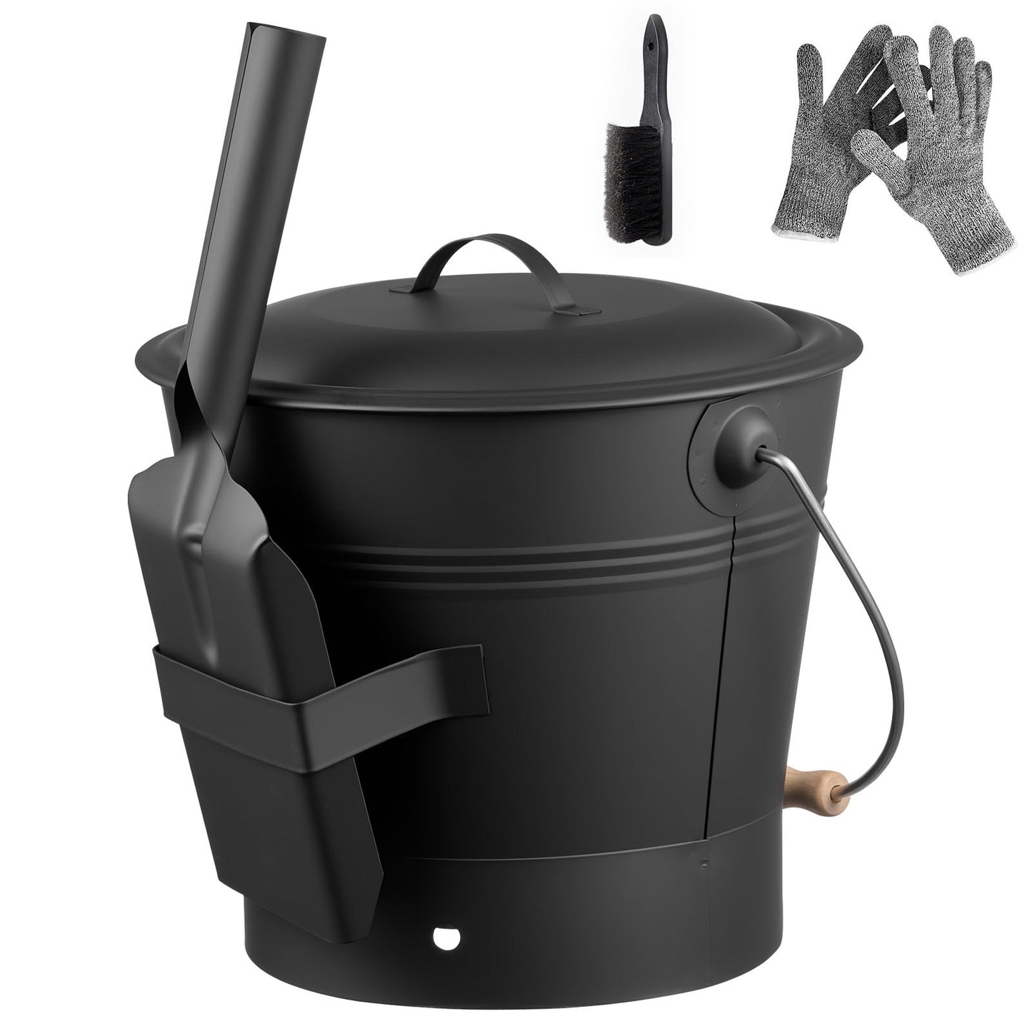 KFFKFF Ash Bucket Set with Lid, Shovel, Broom, and Gloves, Metal Charcoal Container for Fireplace and Fire Pits, 2.6-Gallon Capacity for Indoor and Outdoor Use