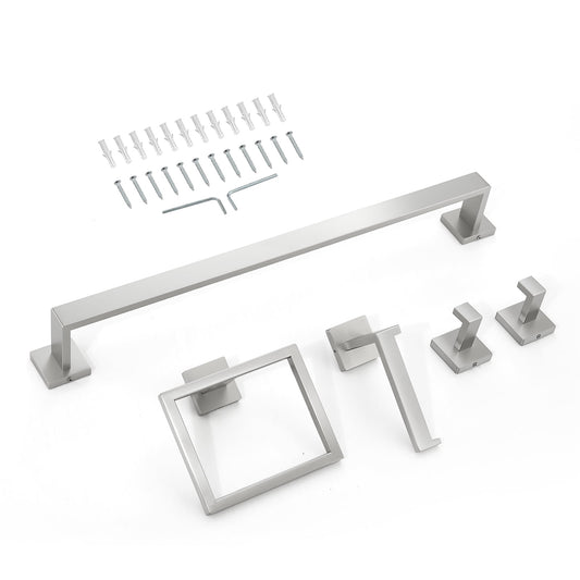 KFFKFF Brushed Nickel Bathroom Hardware Set, 5-Piece Bathroom Accessories Kit, Stainless Steel 24-Inch Towel Bar, Towel Rack, 2 Robe Hooks, Toilet Paper Holder for Bathroom, Wall Installation