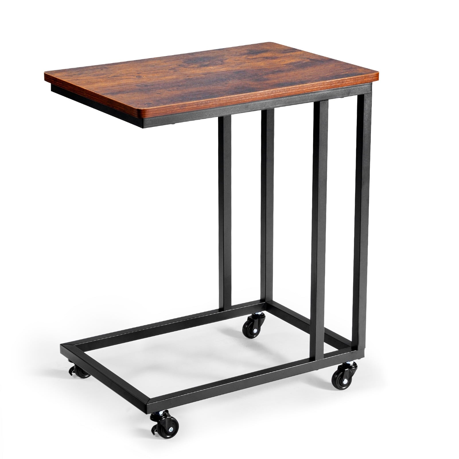 KFFKFF C Shaped Sofa Side Table with Metal Frame and Rolling Casters, Portable End Table for Living Room, Bedroom, or Office, 19.69 x 13.78 x 23.82 inches, Brown and Black
