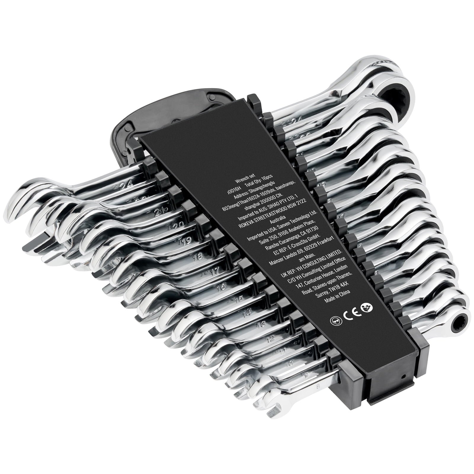 KFFKFF Combo Spanner Collection, 16-Unit Ratchet Spanner Assortment with Storage Stand, Chromium-Vanadium Steel Spanner Metric Range 8 mm to 24 mm, Perfect for Everyday Home, Garage, Workshop