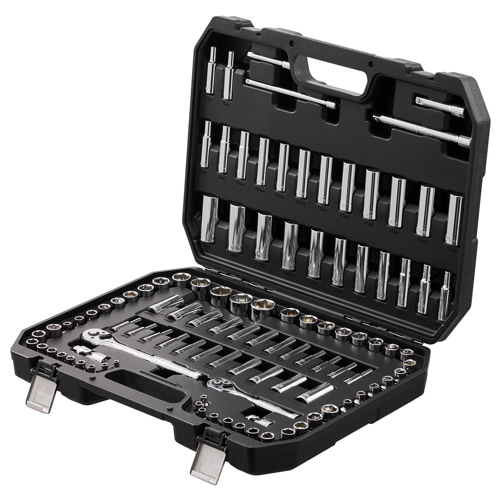 KFFKFF Juego Completo de Casquillos, Kit de Trinquete de TransmisiÃ³n de 1/4" y 3/8" y Casquillo, DiseÃ±o de 6 Puntos, ColecciÃ³n de Herramientas SAE y MÃ©tricas de 106 Piezas, Incluye Casquillos Profundos y EstÃ¡ndar (5/32-1 in, 5-19 mm)