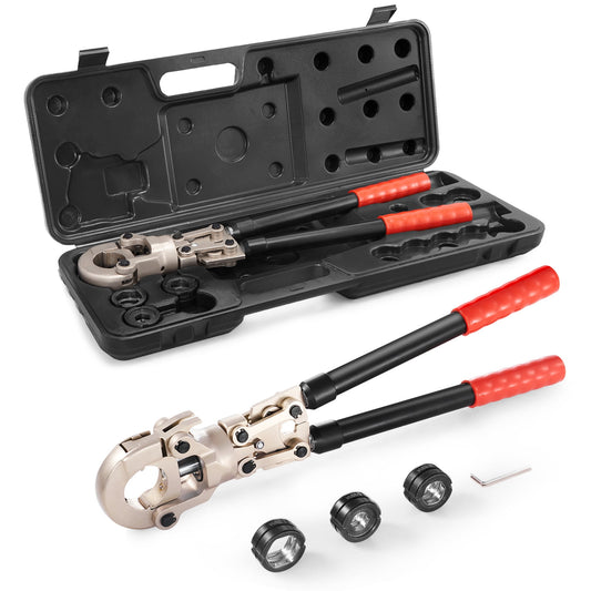 KFFKFF Copper Crimp Tool Tube Fitting Crimp Kit, Professional Crimper with 1/2", 3/4", 1" Quick Change Jaws, Extendable Handle, 360Â° Rotatable Crimp Tool and Locking Pin