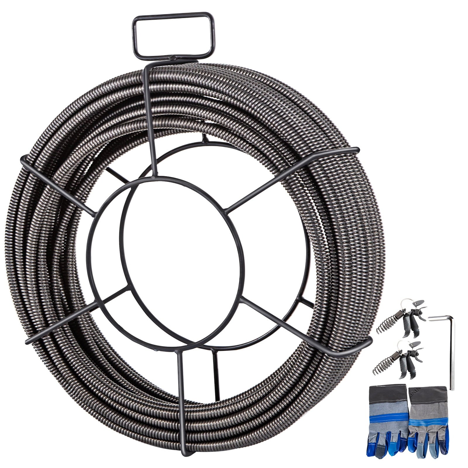 KFFKFF Drain Cleaning Cable 100 FT x 3/8 Inch, Solid Core Steel Sewer Cable with 4 Cutters for 2" to 4" Pipes, Sewer Auger Cleaner Cable for Sink, Floor Drain, and Toilet