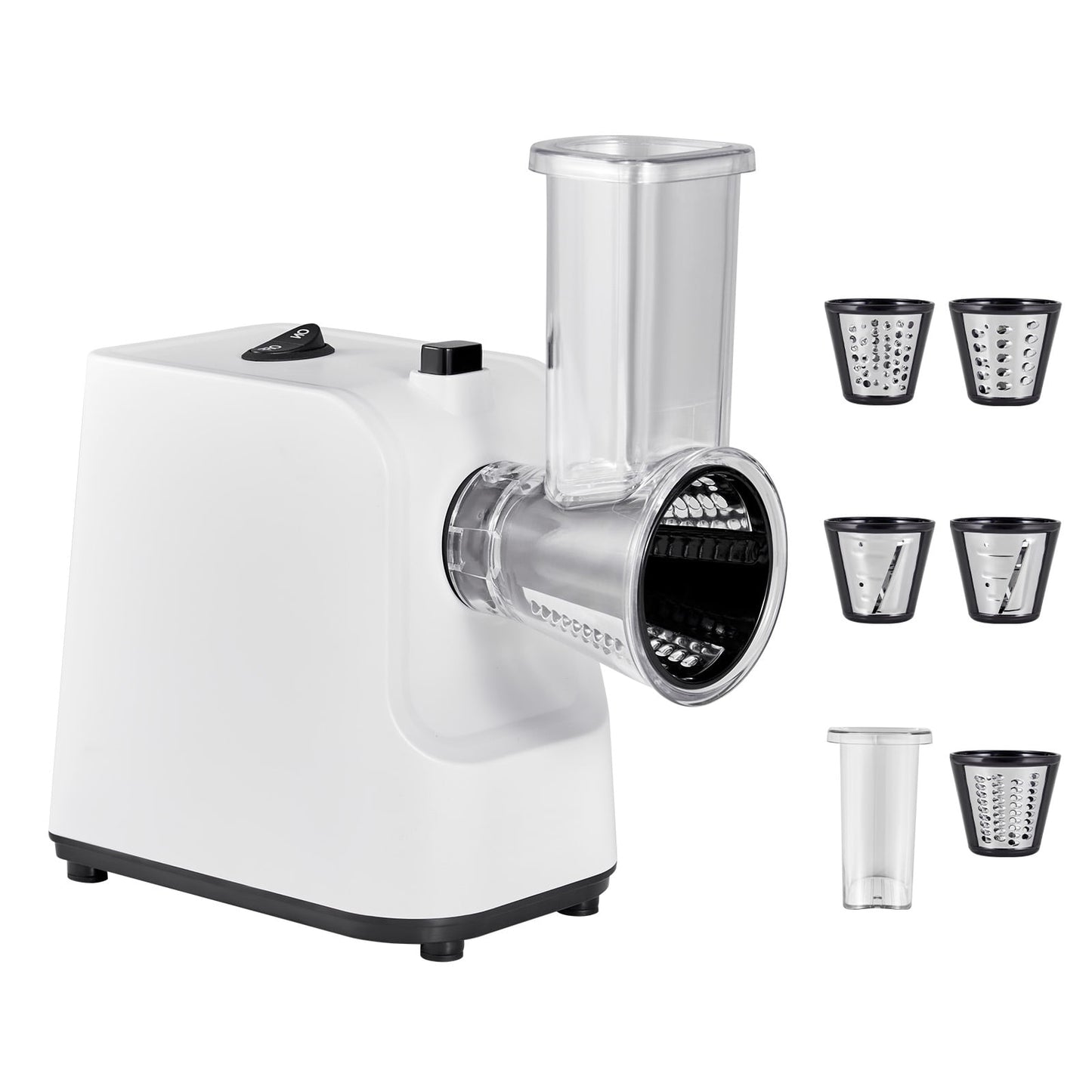 KFFKFF Electric Cheese Grater and Salad Maker, 200W Vegetable Slicer and Shredder with 5 Attachments, Stainless Steel Food Processor for Fruits, Vegetables, and Cheeses