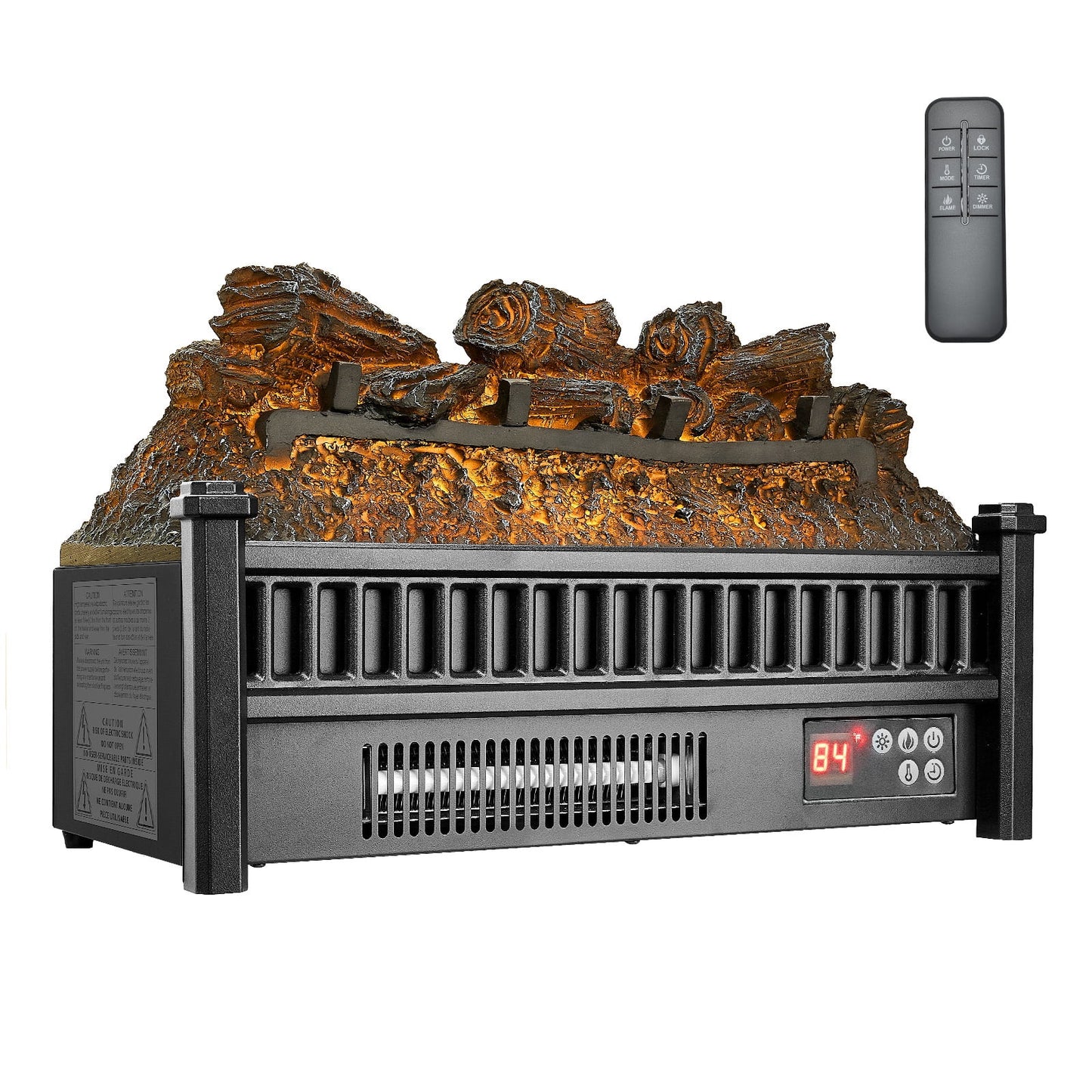 KFFKFF Electric Fireplace Log, 20-Inch Insert Heater with Remote Control, Adjustable Flame Brightness, Timer, Overheat Protection, and Thermostat for Home and Office Decoration, Black
