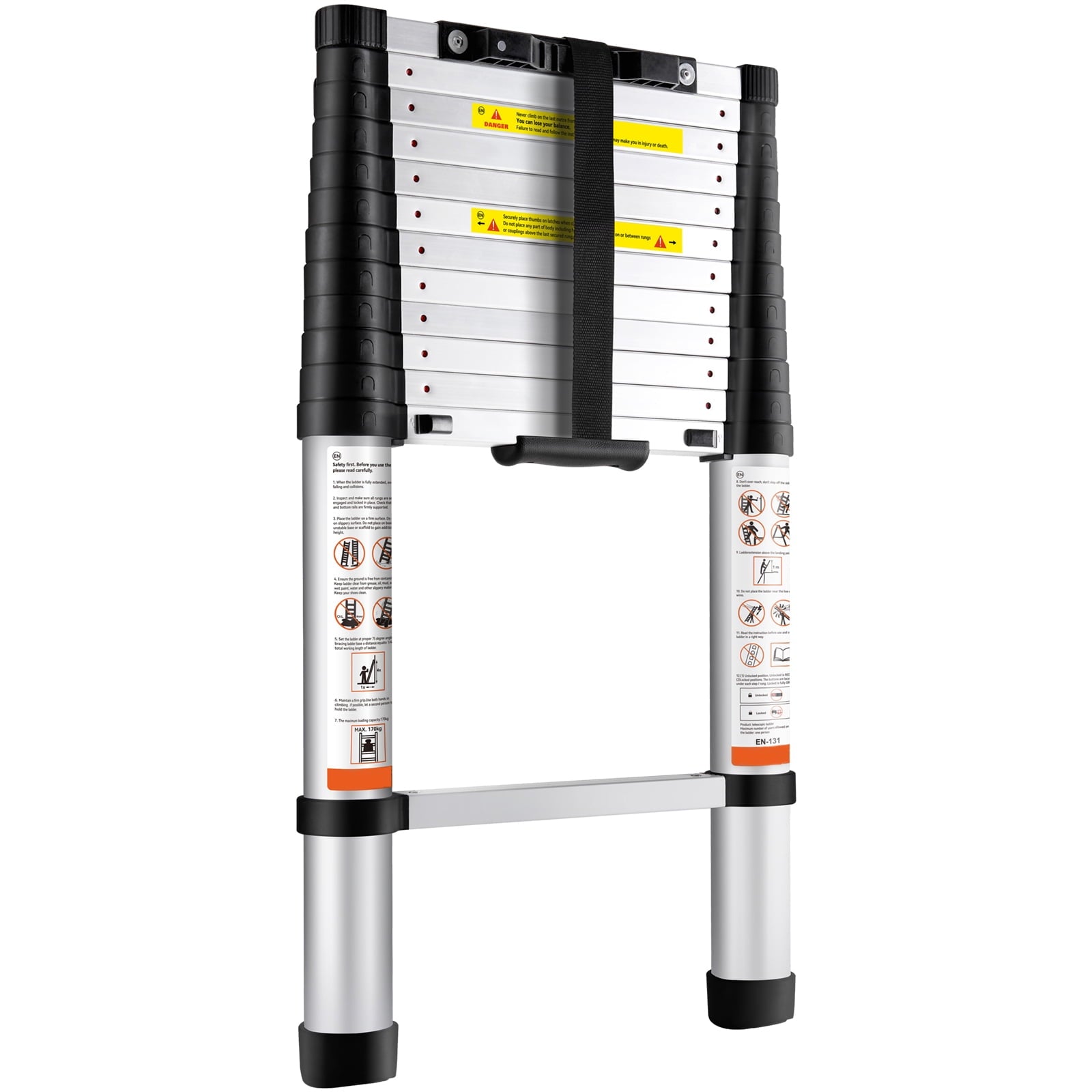 KFFKFF Extendable Ladder, 12.5 FT Aluminum Single-Button Retraction Foldable Extension Ladder, 375 LBS Load Capacity with Anti-Slip Feet, Portable Versatile Compact Ladder for Household, RV, Loft