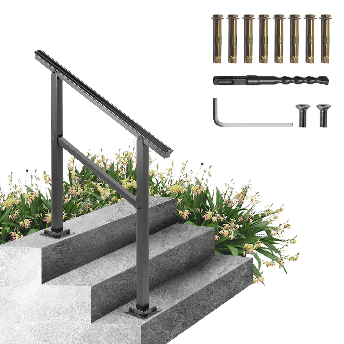 KFFKFF Exterior Stair Rail, Aluminum, 36 x 35", Supports up to 165LBS, Adjustable Angle 0-30Â°, Suitable for 2-3 Steps, Includes Mounting Hardware