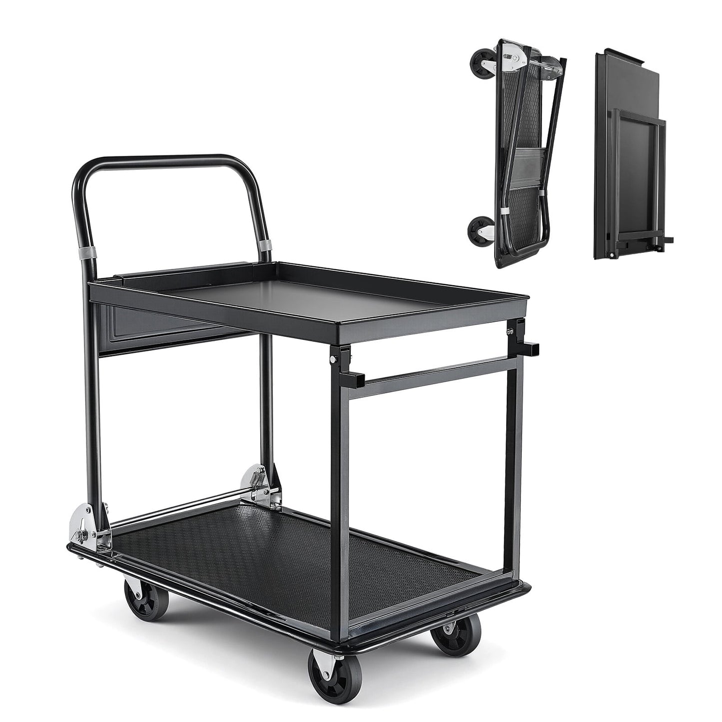 KFFKFF Foldable Push Cart Dolly, 700 lbs Capacity, Heavy Duty Platform Hand Truck with Wheels, Durable Steel Construction, 2-Tier Flatbed Cart for Warehouse, Garage, Workshop, 28.7 x 18.5 x 32.3 in