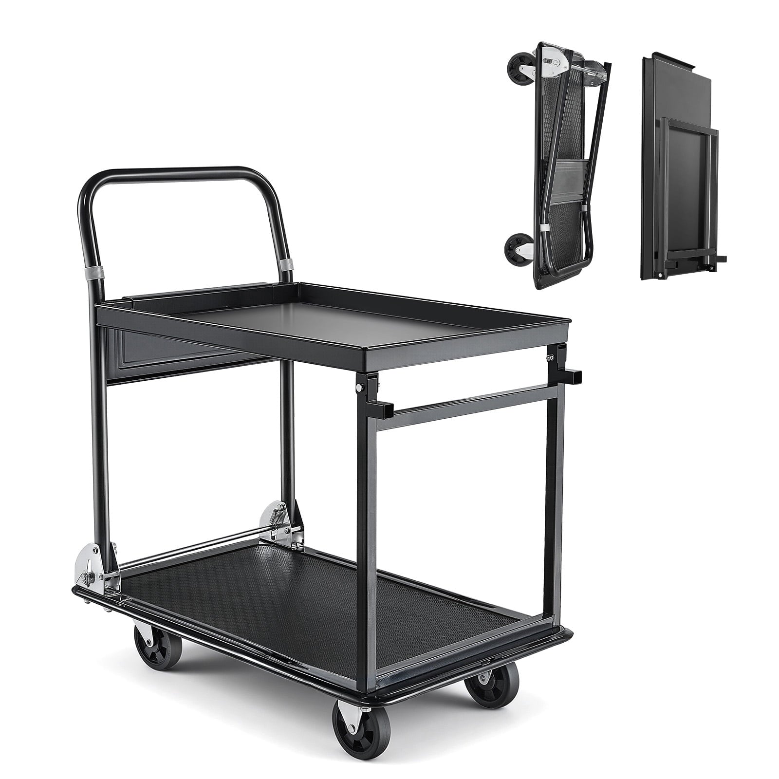KFFKFF Foldable Push Cart Dolly, 700 lbs Capacity, Heavy Duty Platform Hand Truck with Wheels, Durable Steel Construction, 2-Tier Flatbed Cart for Warehouse, Garage, Workshop, 28.7 x 18.5 x 32.3 in
