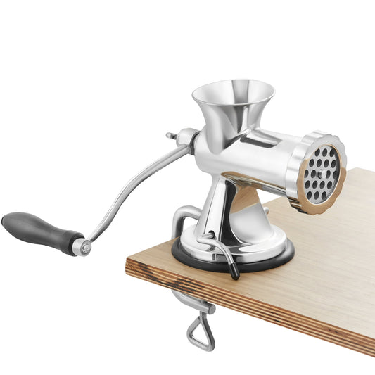 KFFKFF Hand-Operated Meat Processor, Crafted from 304 Stainless Steel, Includes Suction Base & Table Clamp, Features Meat Grinding & Sausage Stuffing Capabilities with 2 Blades, Sausage Nozzle