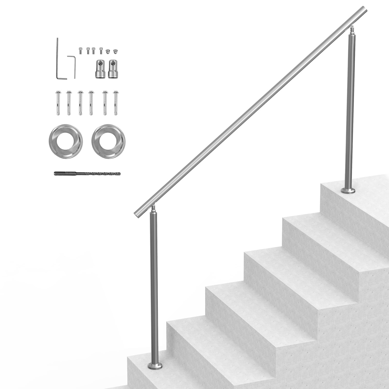 KFFKFF Handrails for Outdoor Steps, 70.9 in/180 cm Stair Rail Kit, Durable Stainless Steel Railings with Installation Accessories, Double-Column Handrails for Porch, Deck, and Senior Safety