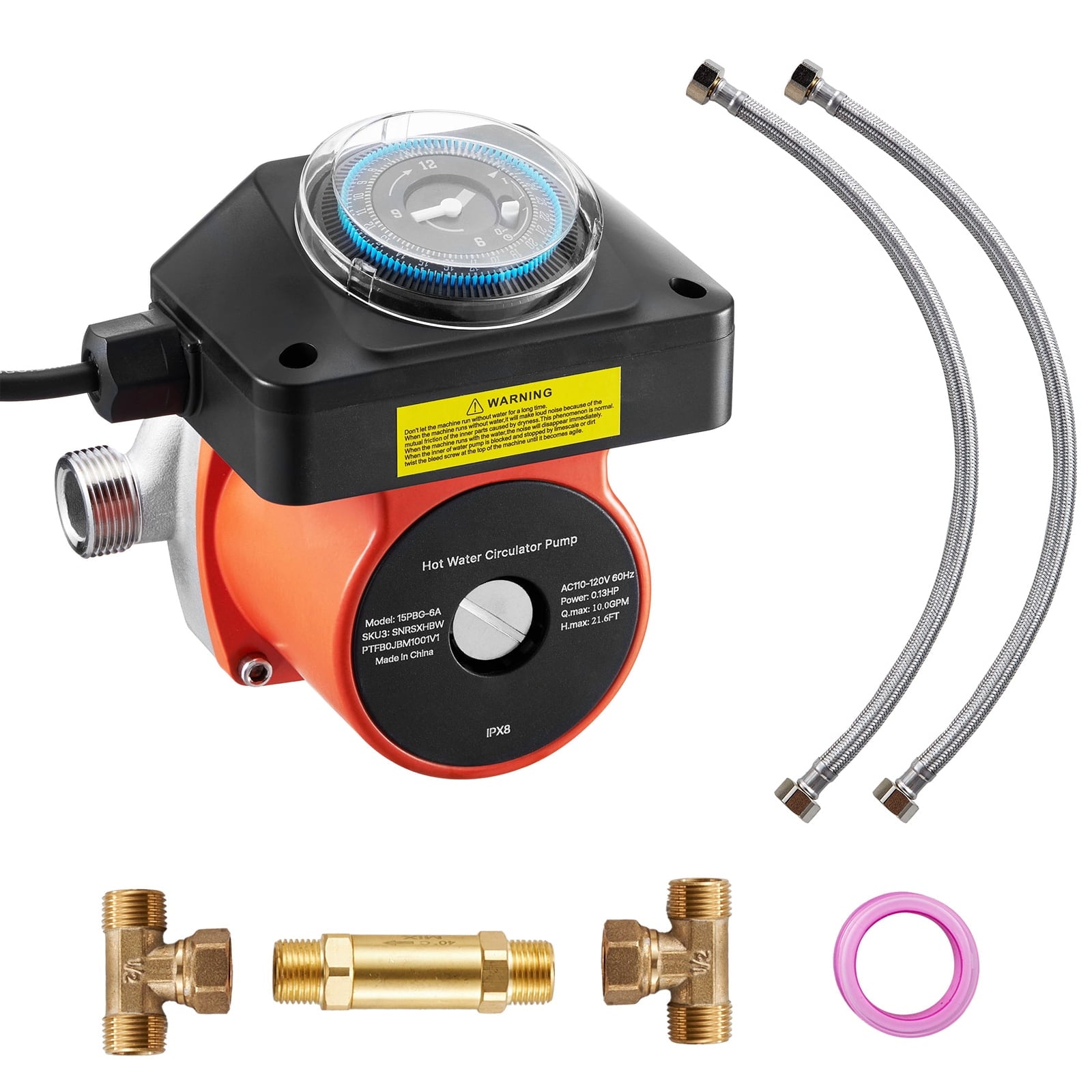KFFKFF Hot Water Recirculating Pump with Timer, Bypass Valve, and Stainless Steel Head, 0.13 HP 110-120V Circulation System for Tank Water Heaters