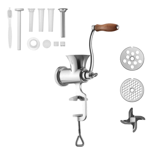 KFFKFF Manual Meat Grinder, 304 Stainless Steel Hand Crank Mincer with Table Clamp, Sausage Maker with 2 Grinding Plates & 4 Sausage Tubes, Food Processor for Beef, Pork, and Chili