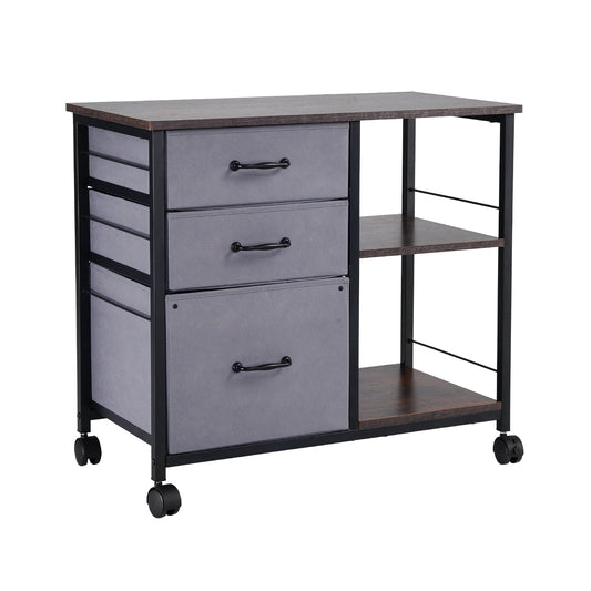 KFFKFF Metal File Cabinet, Mobile Filing Unit with 3 Fabric Drawers and 2 Open Shelves, Wooden Vertical Storage Cabinet with Wheels for Letter, A4, and Legal Size Files, Easy to Assemble, Brown