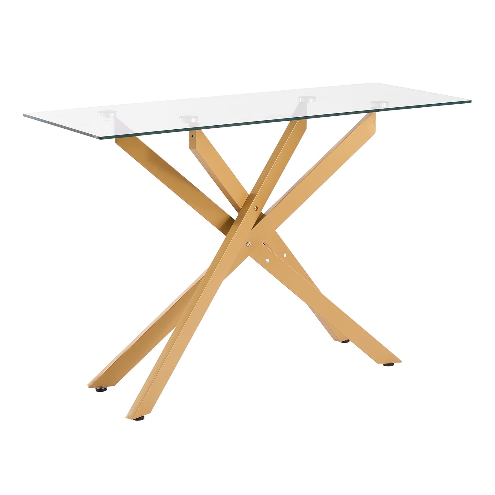 KFFKFF Modern Glass Coffee Table, Rectangular Sofa Side Table with Tempered Glass Top & Iron Cross-Legs, Gold Geometric Console Desk with Adjustable Non-Slip Feet for Living Room, Entryway, or Foyer