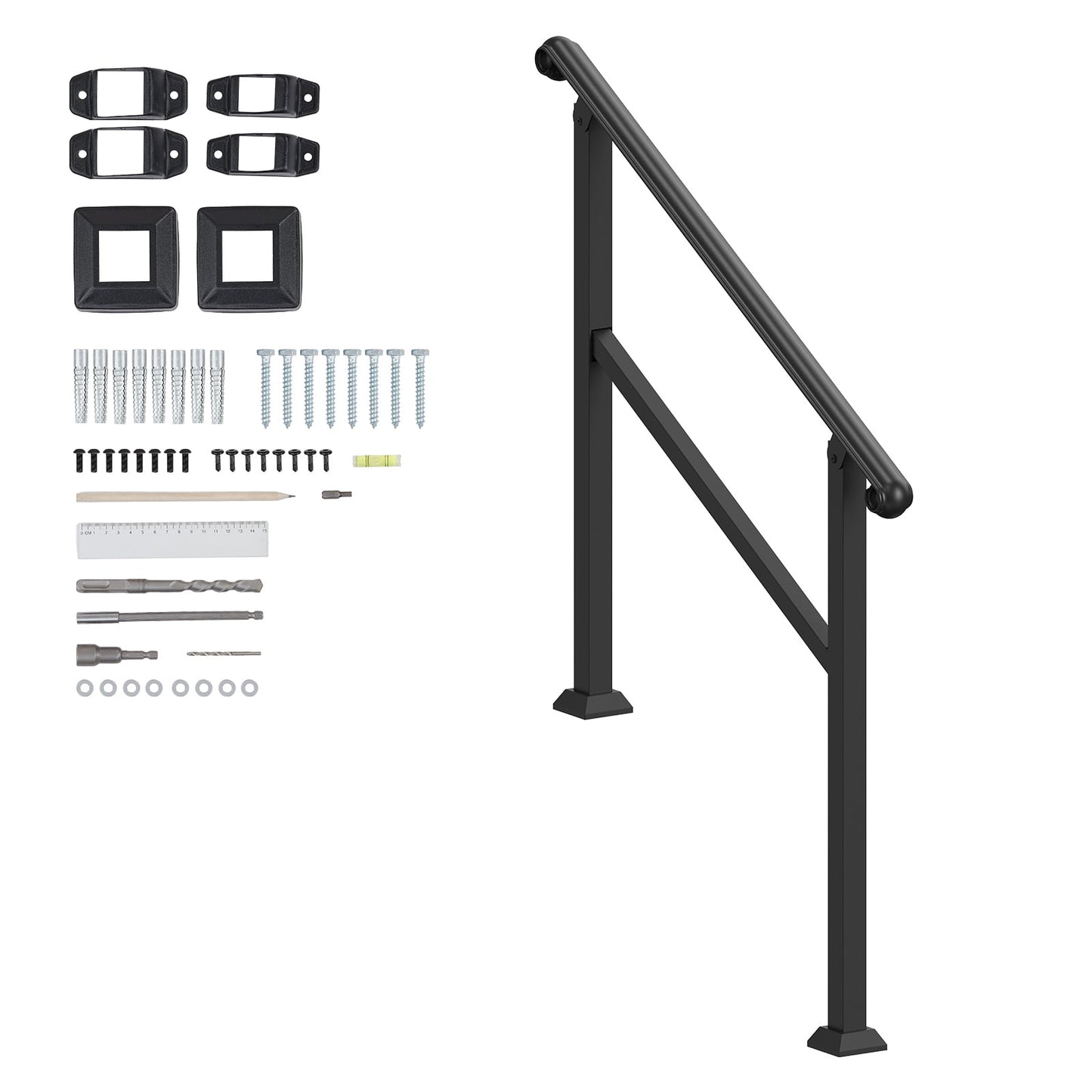 KFFKFF Outdoor & Indoor Handrails for 2-3 Steps, Complete Stair & Porch Railing Kit with Installation Accessories, Senior-Friendly Hand Rails, Black