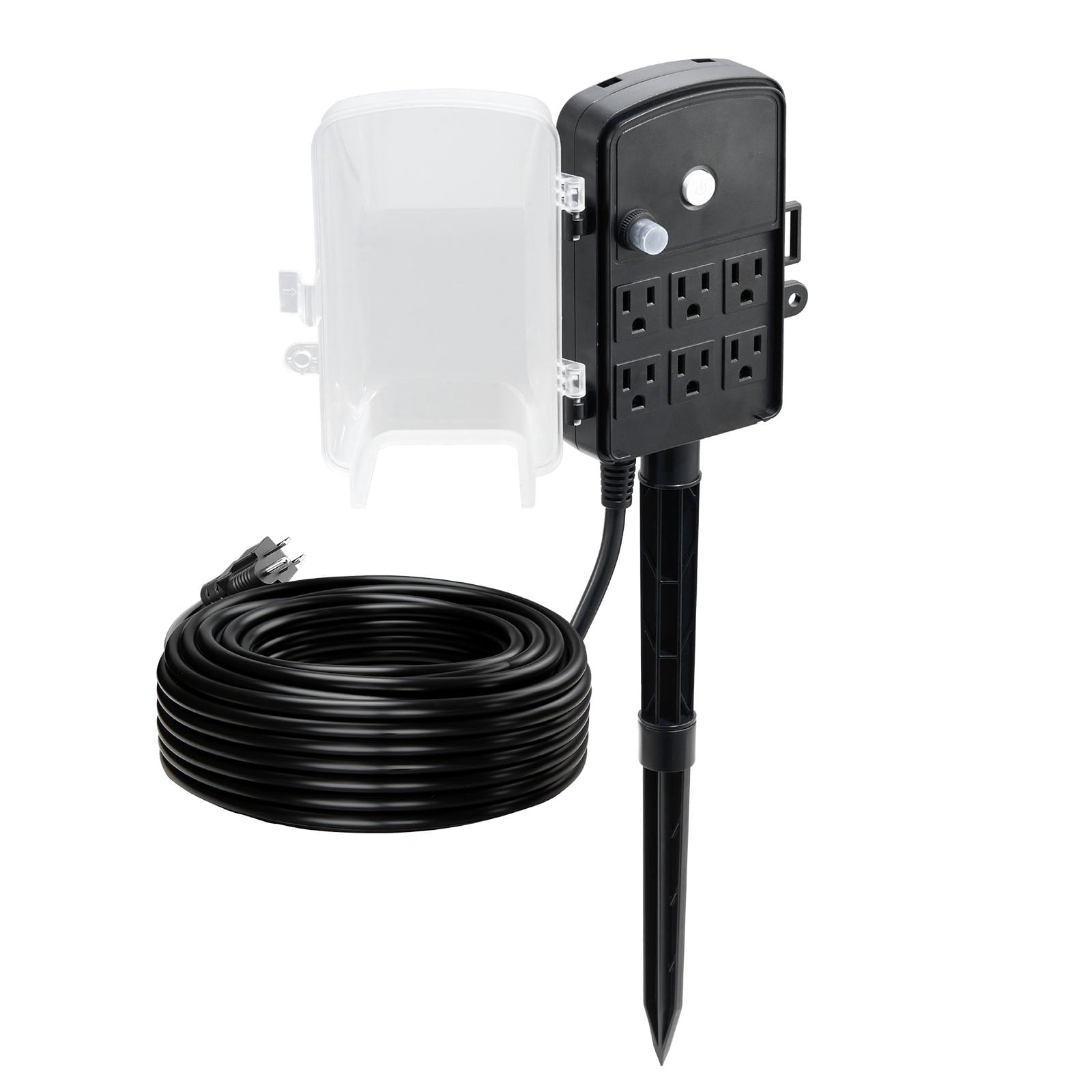 KFFKFF Outdoor Power Stake with 100 FT Extension Cord, Weather-Resistant Power Strip with Cover and Overload Protection, 6 Outlets,13A/1625W,Waterproof Multi-Outlet Yard Stake for Holiday Decorations