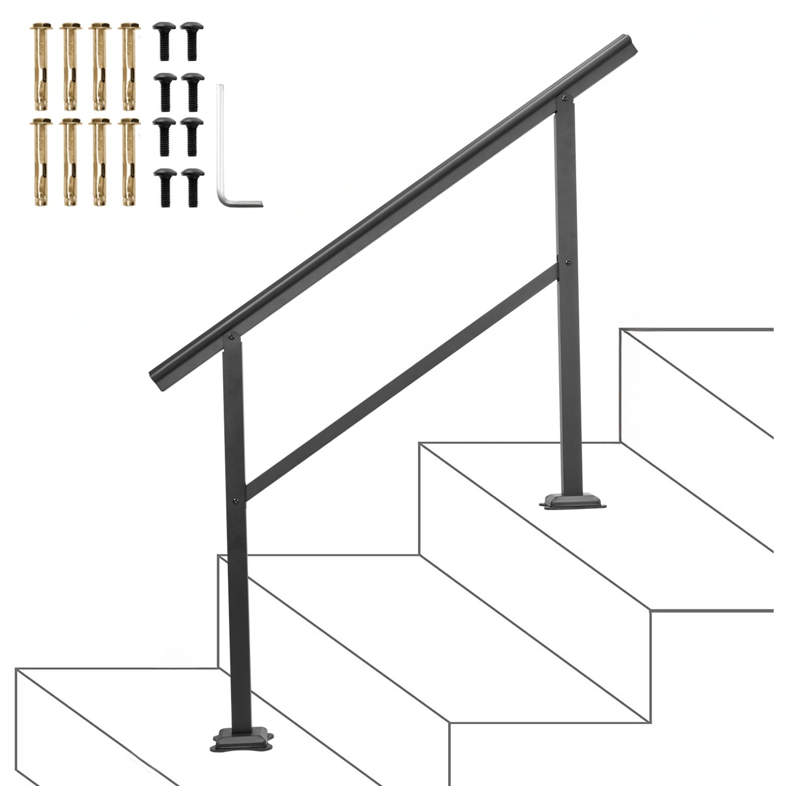 KFFKFF Outdoor Stair Handrail, Adjustable Aluminum Railing for 3-4 Steps, 47.6 x 35.2 Inches, Black Finish, Suitable for Stairs with 0 to 30 Degree Angles