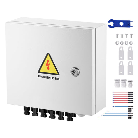 KFFKFF PV Junction Box, 6-String, Solar Junction Box with 15A Current Fuse, 125A Circuit Interrupter, Lightning Protection, and Solar Plug, Steel Enclosure