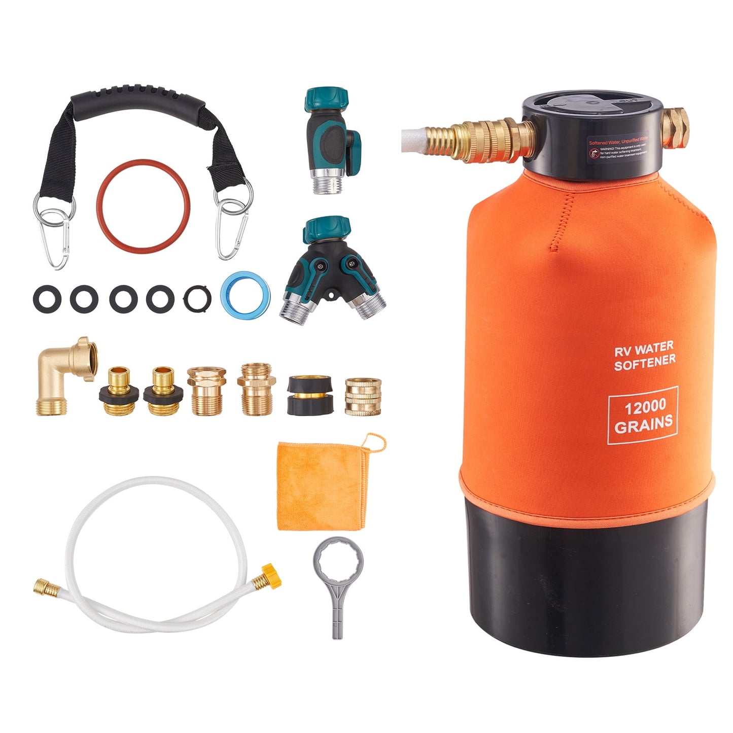 KFFKFF Portable 12,000-Grain RV Water Softener System with 3/4" NPT Fittings, Food-Grade Resin, Quick Connect Design for RVs, Trailers, Boats, Mobile Car Washing, and Pressure Washing