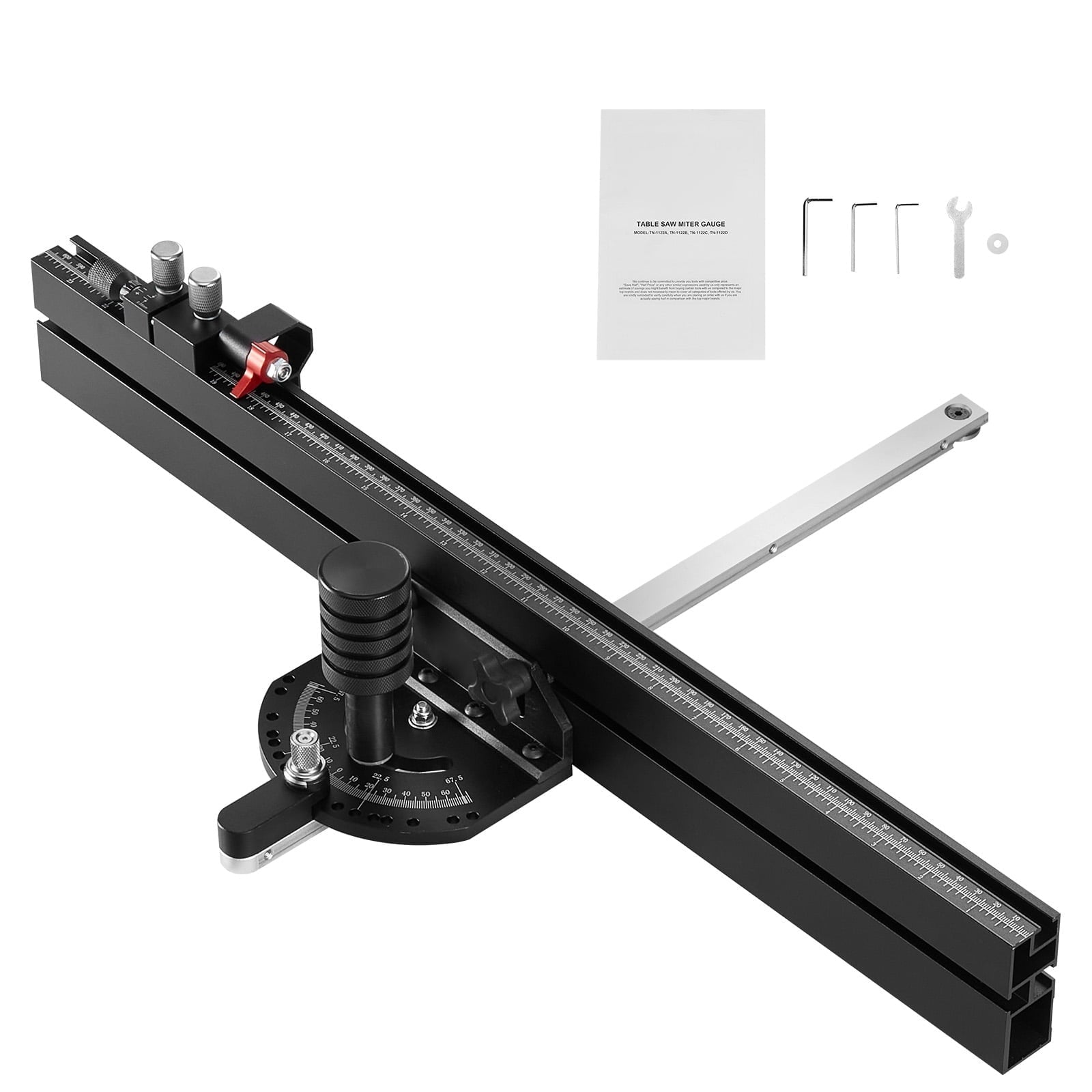 KFFKFF Precision Miter Gauge for Table Saws, Standard Slot 3/4'' x 3/8'', Durable Aluminum Alloy Construction with 24-inch Grating, 15 Adjustable Angle Stops, Spring-Loaded Plunger