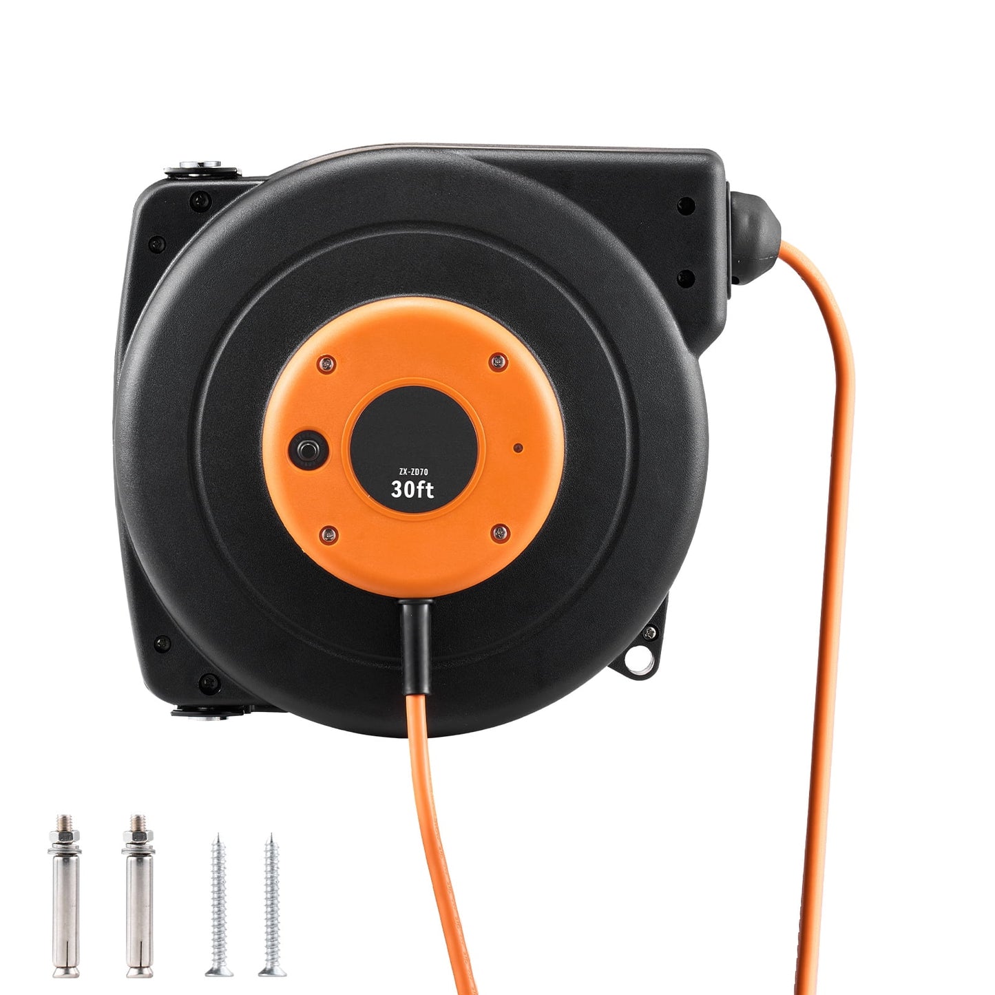 KFFKFF Pull-Out Power Cable Reel, 30 Feet, Robust 16AWG/3C SJTOW Electrical Wire, Featuring Illuminated Triple Tap Outlet and 10 Amp Circuit Breaker, Suitable for Ceiling or Wall Installation